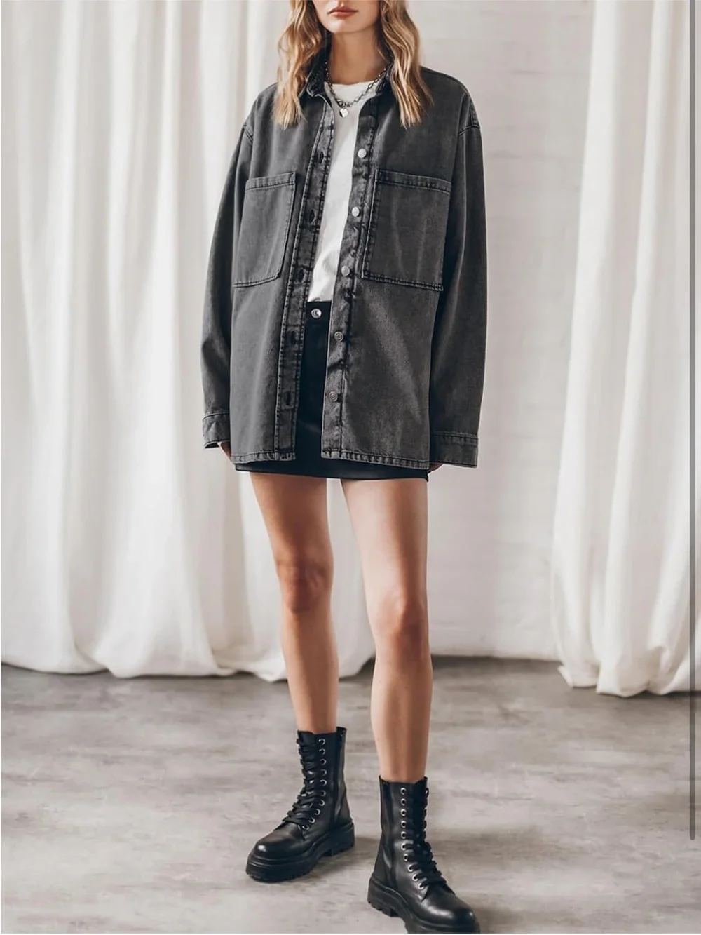 Washed Charcoal Gray Oversized Denim Shacket - Picture 5 of 7